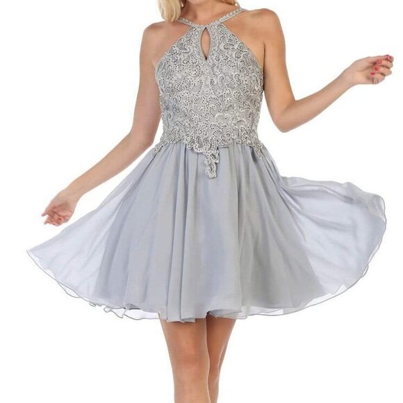 NWT May Queen MQ1614 Cocktail Dress Silver Size 8 - Picture 1 of 6